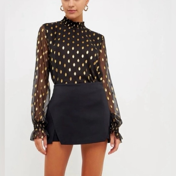 Pomander Place Tops - POMANDER PLACE Black Chiffon With Gold Polka Dots Long Sleeve Mock Neck Top